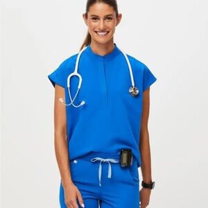 Figs Rafaela Oversized Scrub Top with Blue Mandarin Collar Cap Sleeve Blouse